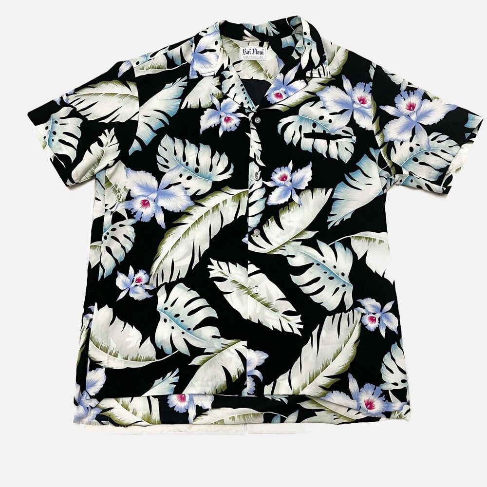 Vintage Rai Nani Men’s Hawaiian Shirt Black W/ Hibiscus, & Palms Size XL